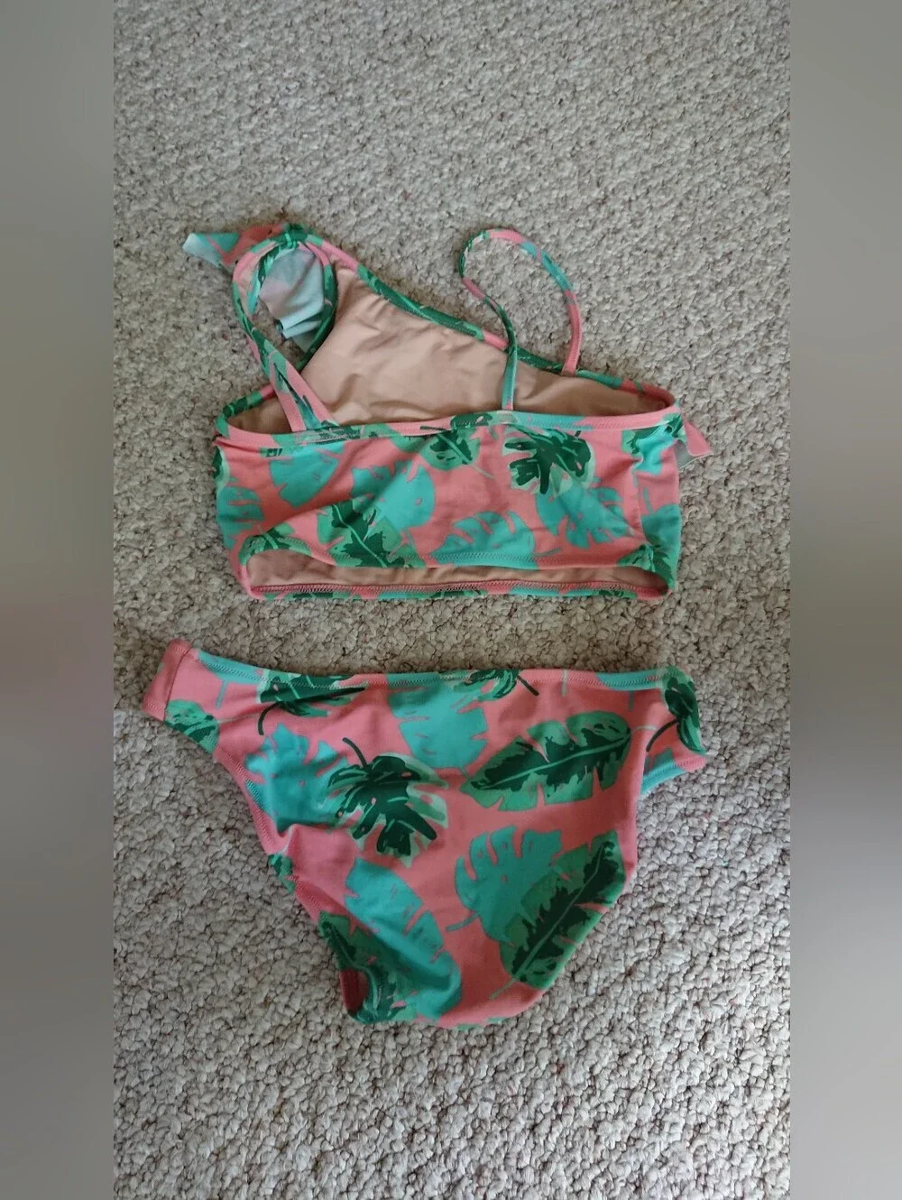 J. Crew CREWCUTS Pink & Green Tropical Leaf Two-Piece Swimsuit size 12-14